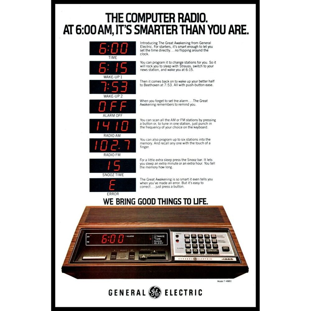 1979 GE General Electric Computer Radio Alarm Clock Vintage Print Ad Wall Art